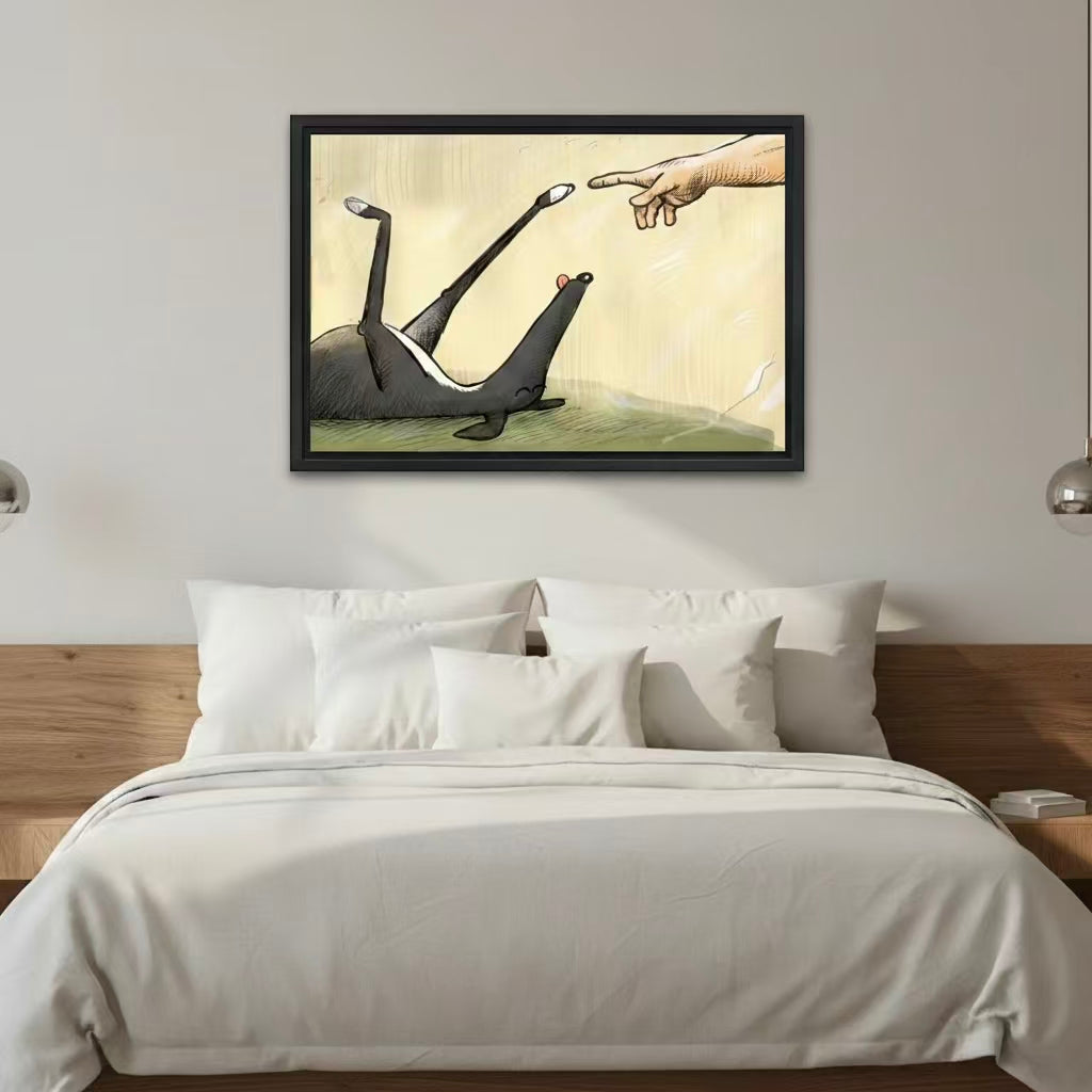 Humorous dog belly rub Creation of Adam canvas print above bed bedroom funny wall art