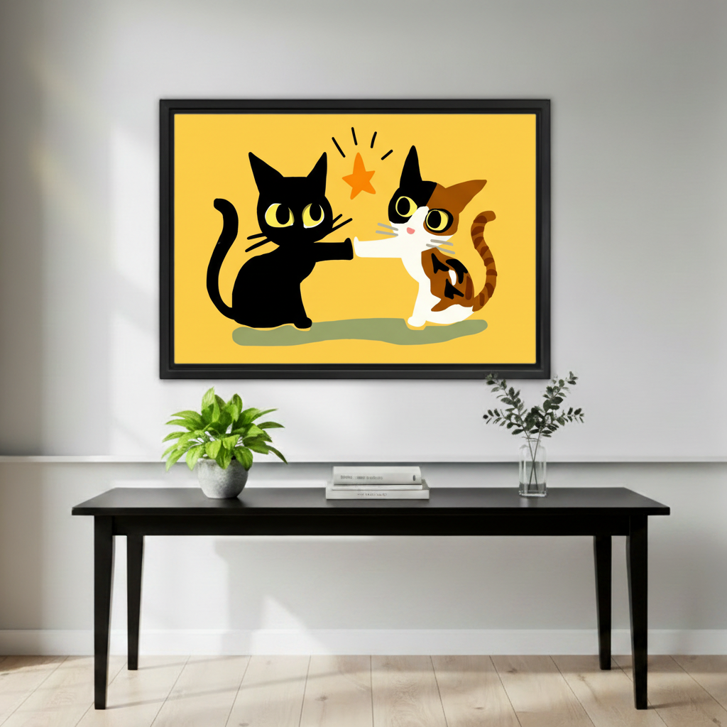 Two cats high five wall art in black frame above wooden sideboard, living room decor
