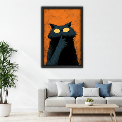Quirky shushing black cat framed canvas wall art in bedroom, black frame, bold pop art cat with yellow eyes on orange background, cozy bedroom wall decor