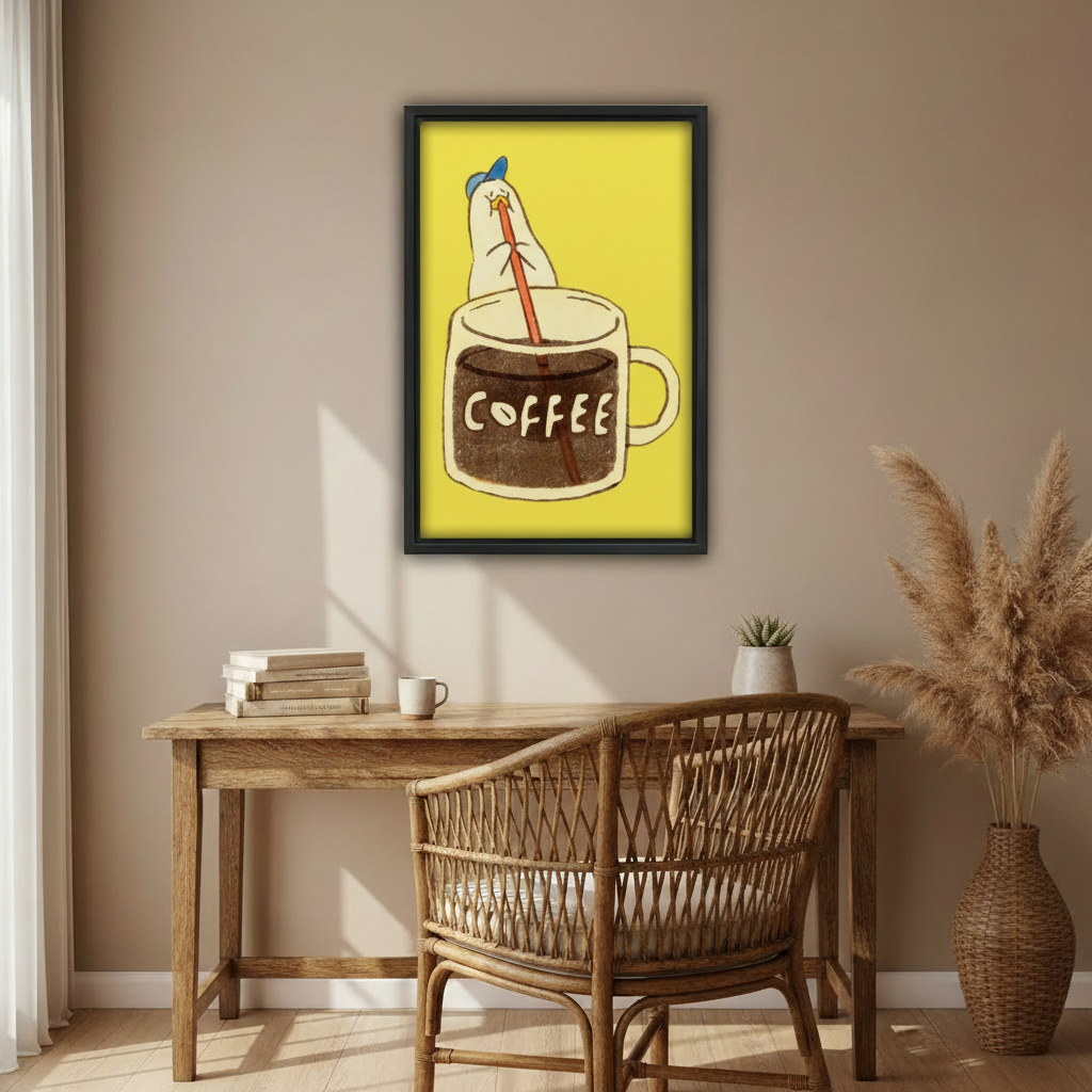 Framed funny chicken coffee cup canvas wall art print in living room with spotlight and rattan chairs