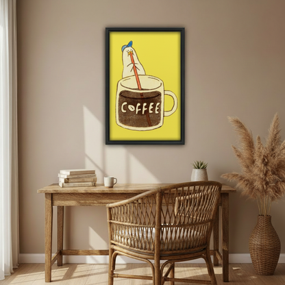 Framed funny chicken coffee cup canvas wall art print in living room with spotlight and rattan chairs
