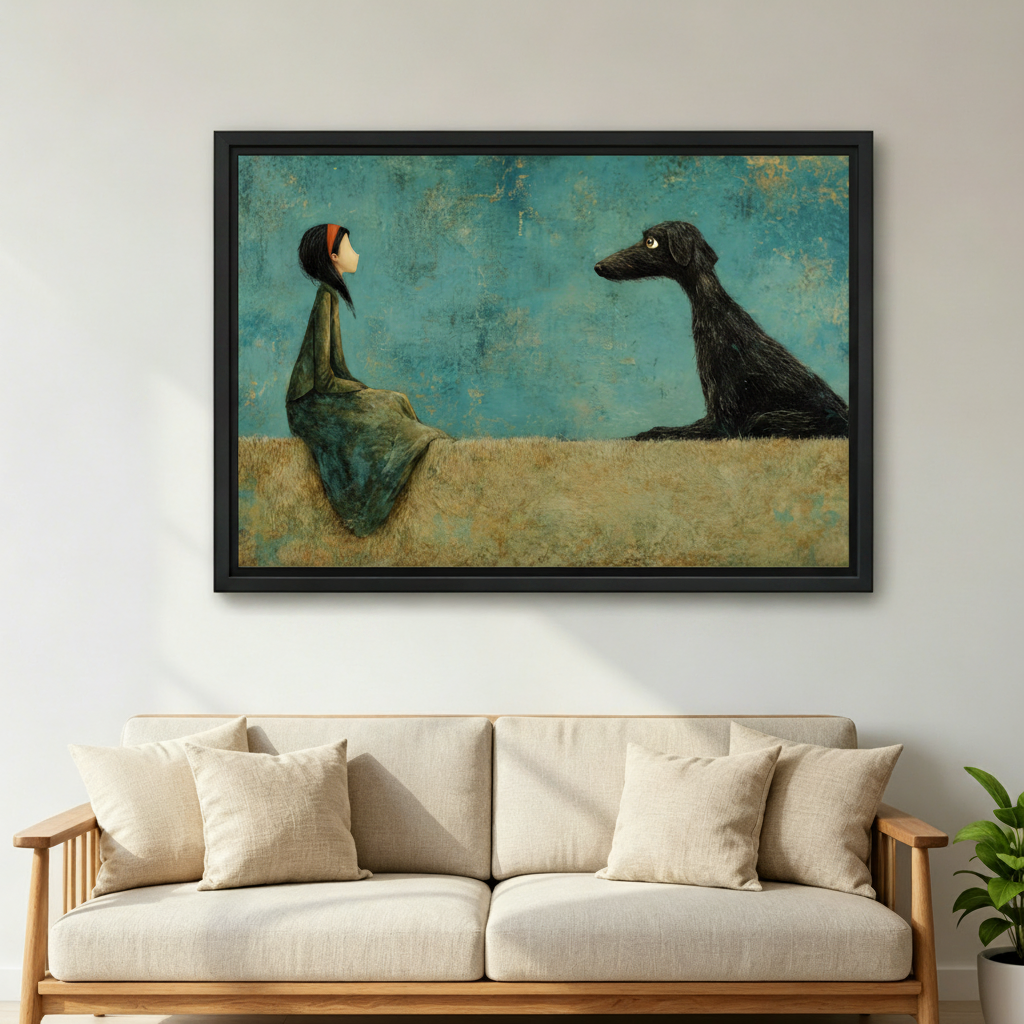Girl and black dog canvas wall art, storybook style home decor gift idea