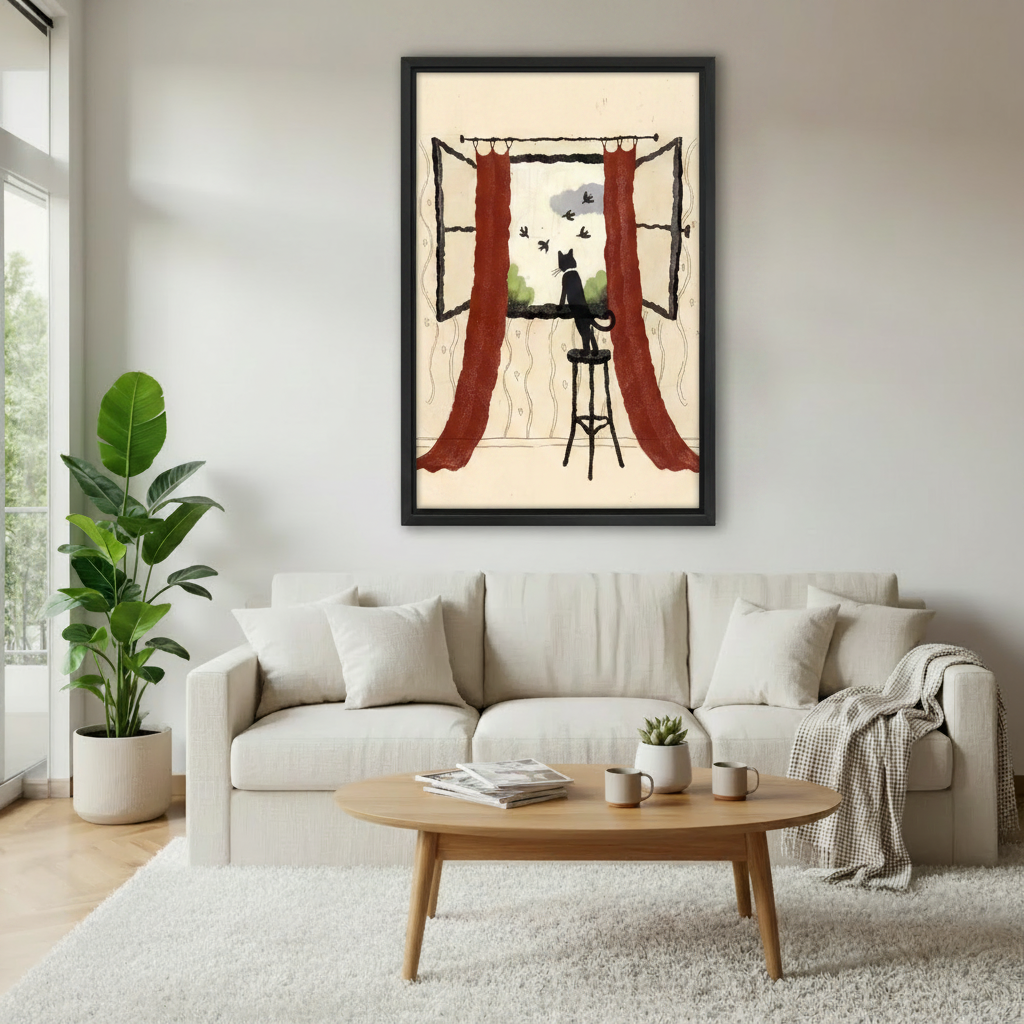 Black cat window wall art canvas print displayed in cozy bedroom — vintage cat illustration for bedroom wall decor
