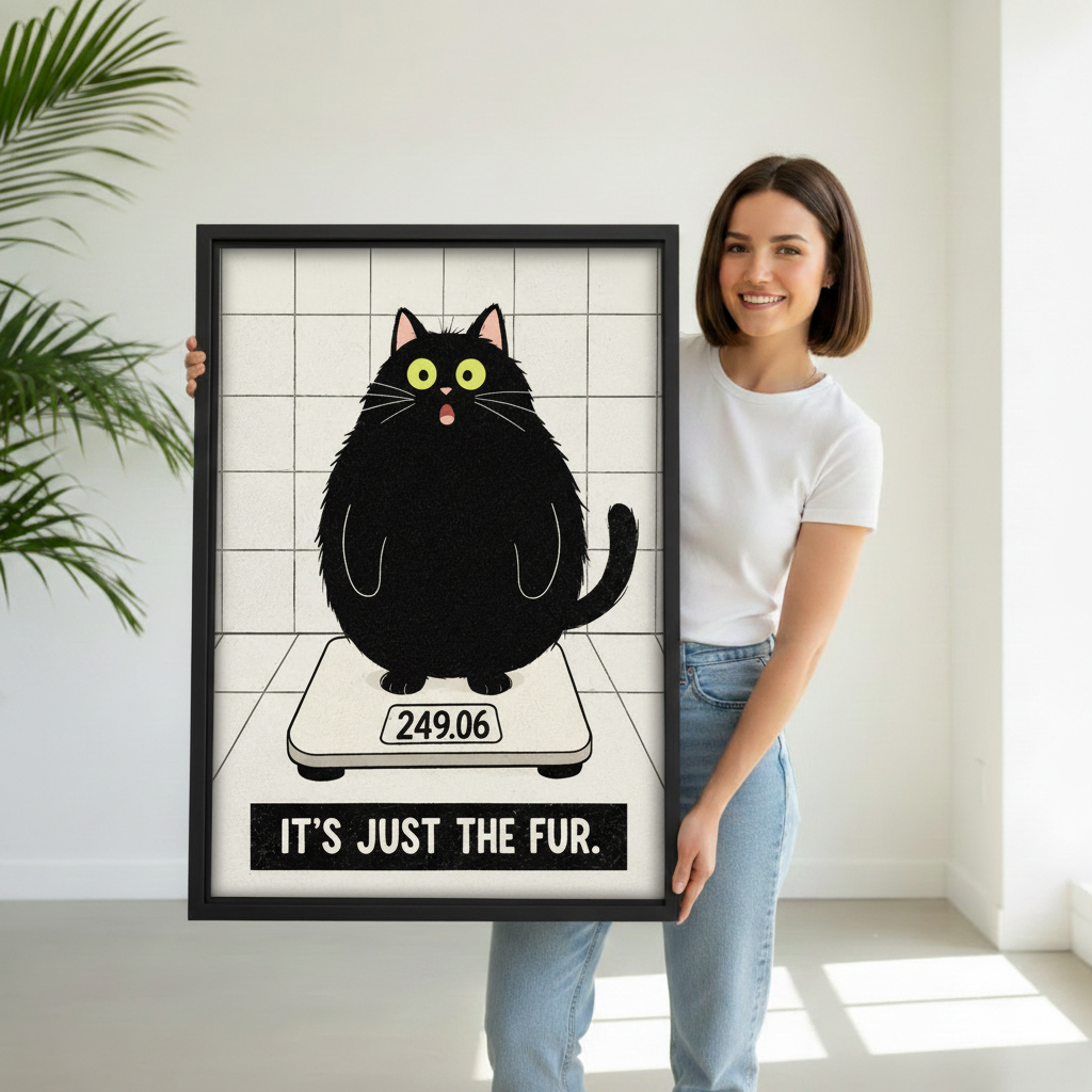 Woman holding funny fat cat It's Just the Fur framed print, black frame, cat lover wall decor