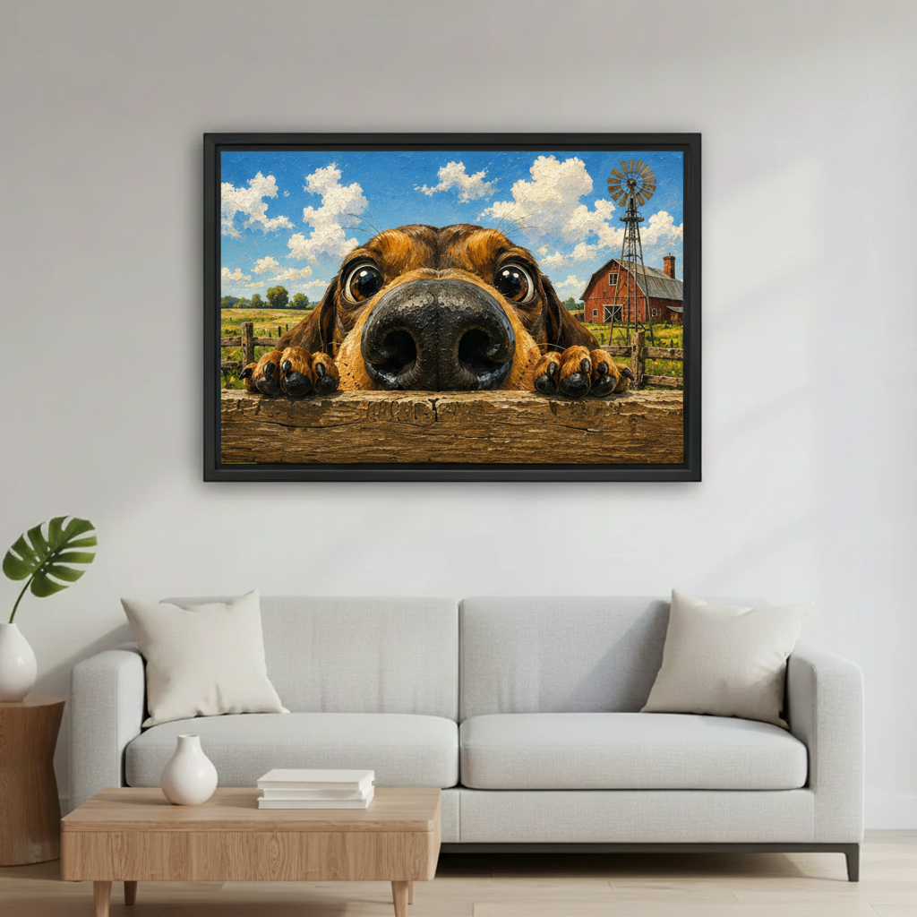Whimsical dog farm oil painting wall art print above sofa in living room, farmhouse home decor