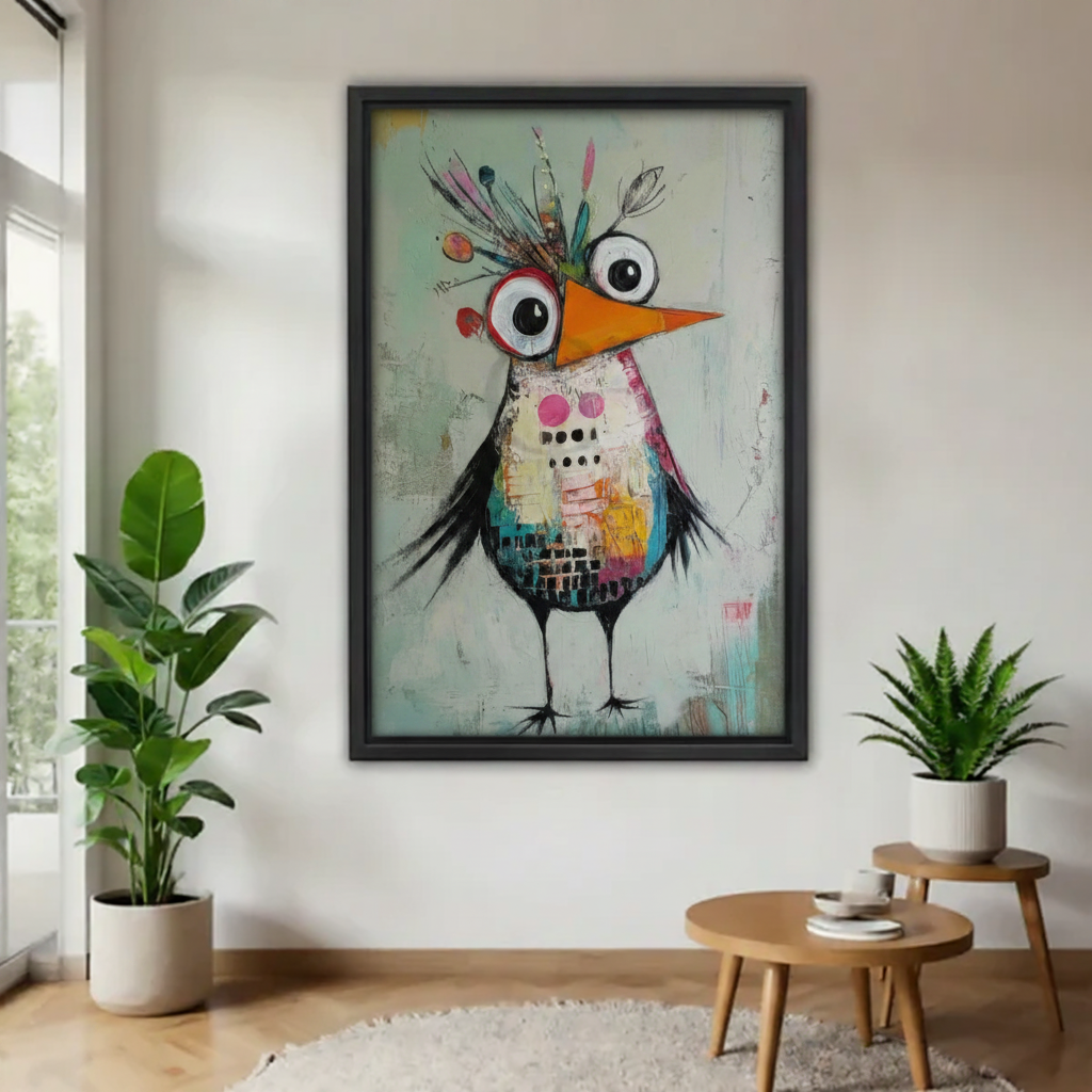 Black framed abstract mixed media bird canvas with mint green distressed background, displayed on white wall between tropical houseplants in modern eclectic living room