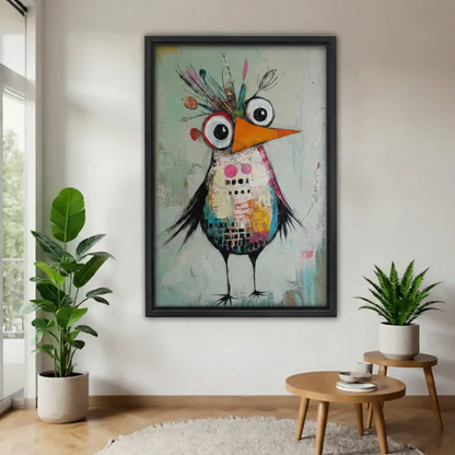 Black framed abstract mixed media bird canvas with mint green distressed background, displayed on white wall between tropical houseplants in modern eclectic living room