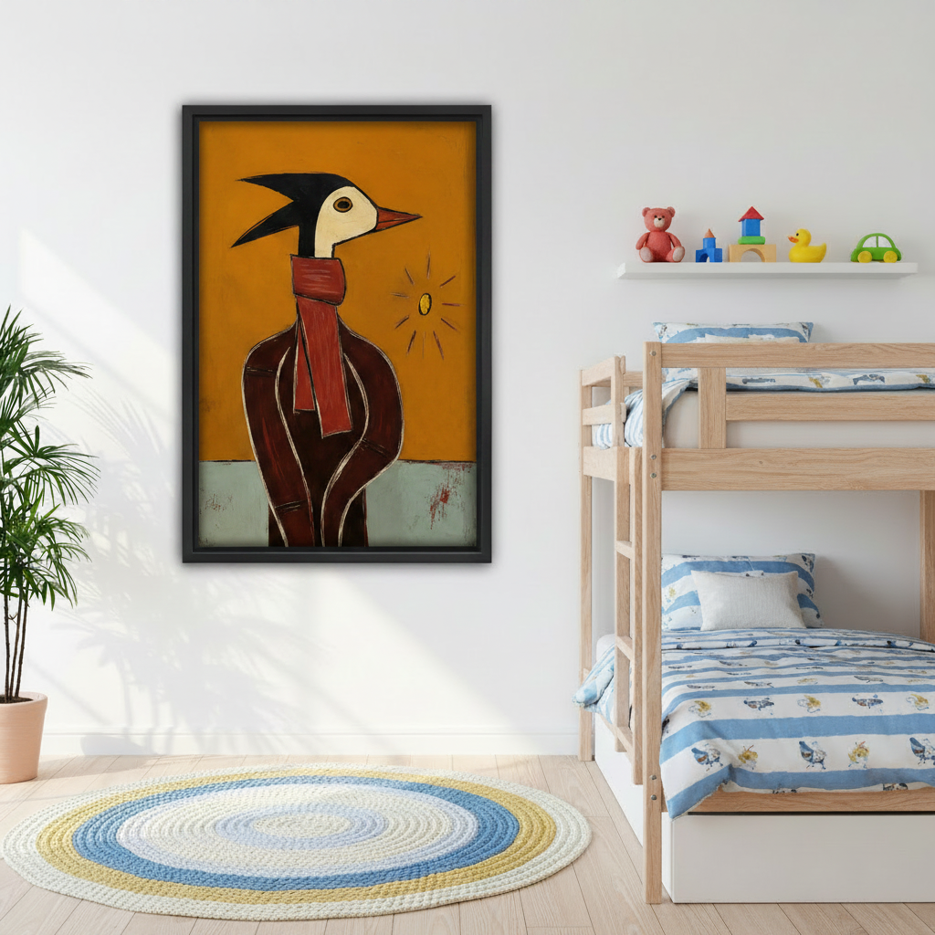 Abstract bird portrait canvas wall art in black float frame on white wall in modern bedroom with neutral bedding