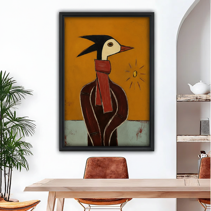 Abstract bird portrait canvas wall art in black float frame above wooden dining table with arched doorway and palm plant