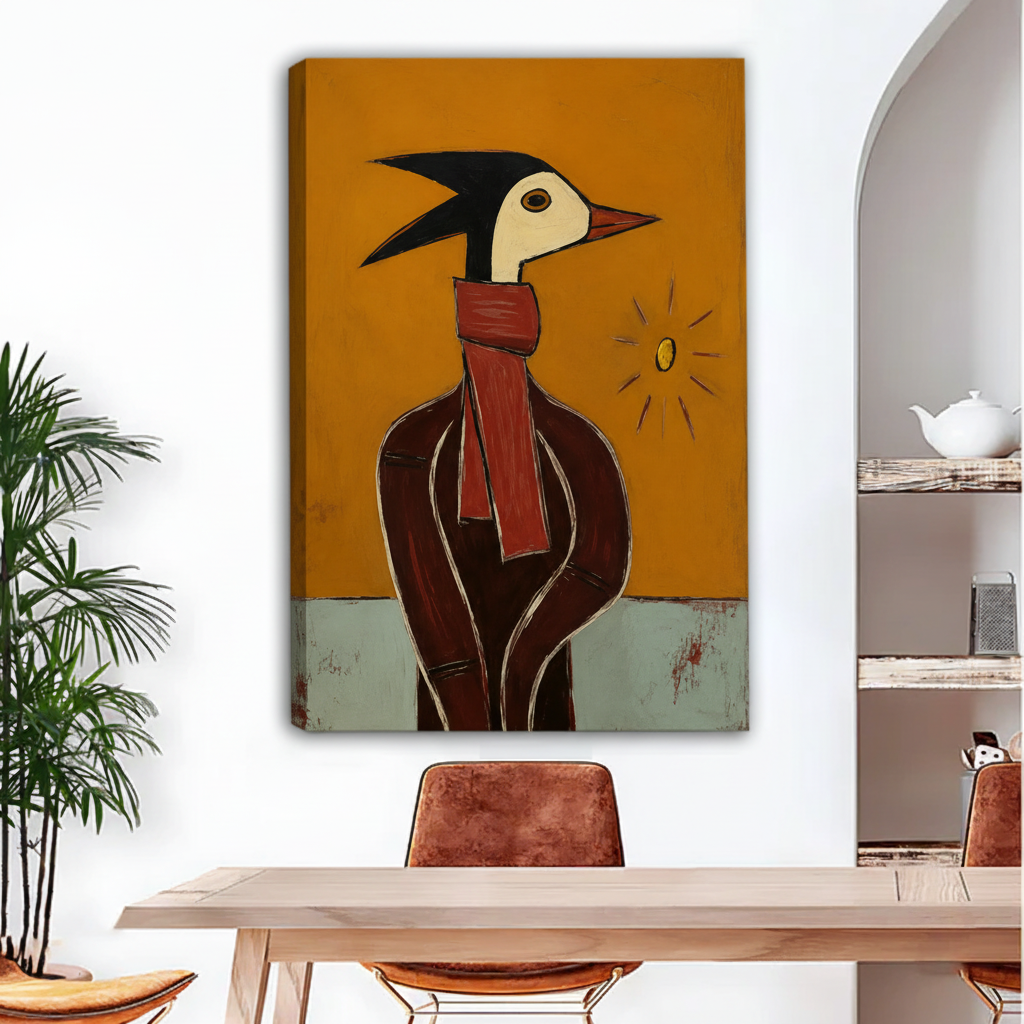 Abstract bird portrait canvas wall art as gallery wrap on white wall above modern dining table with leather chairs