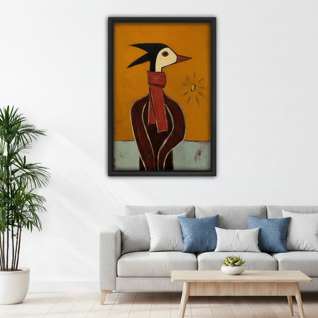 Abstract bird portrait canvas wall art in black frame above grey sofa with blue cushions in Scandinavian living room