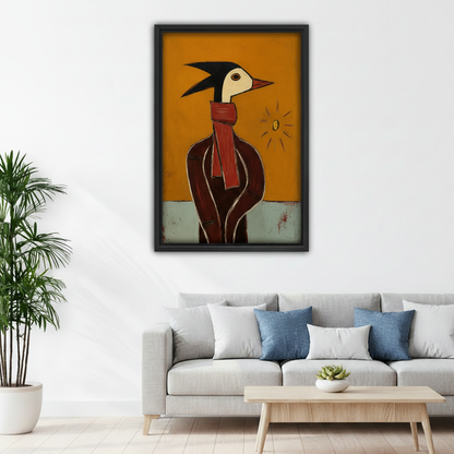 Abstract bird portrait canvas wall art in black frame above grey sofa with blue cushions in Scandinavian living room