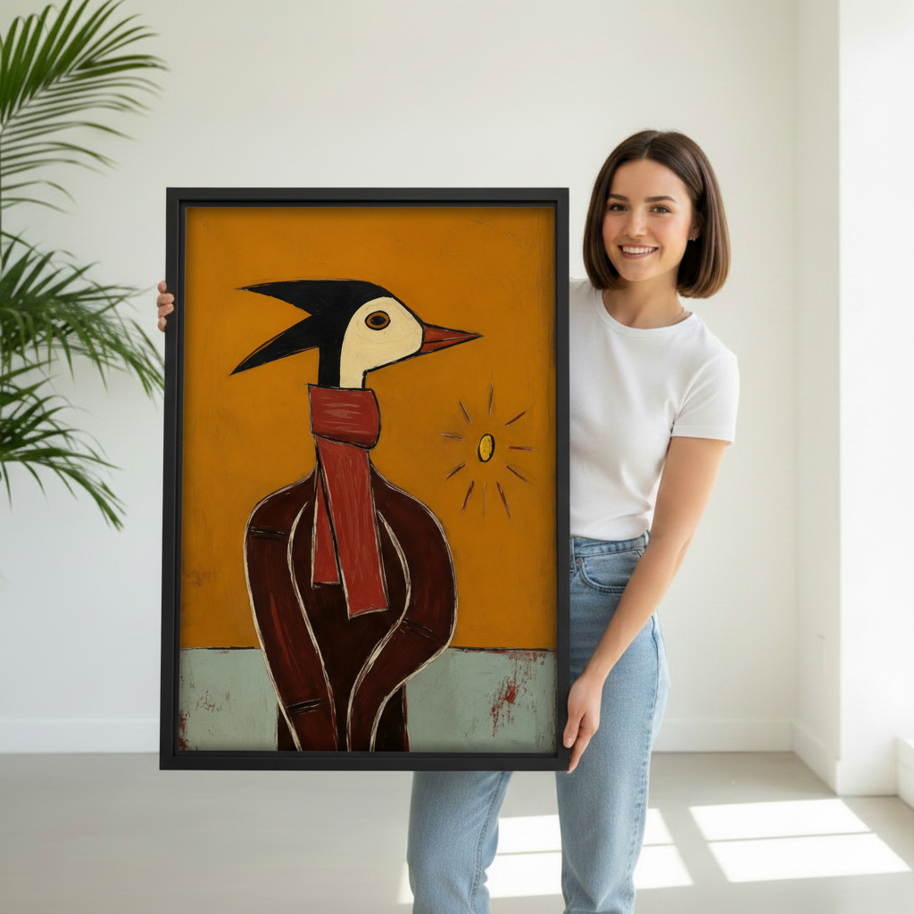 Woman holding abstract bird portrait canvas wall art in black float frame in bright white studio with green palm plant