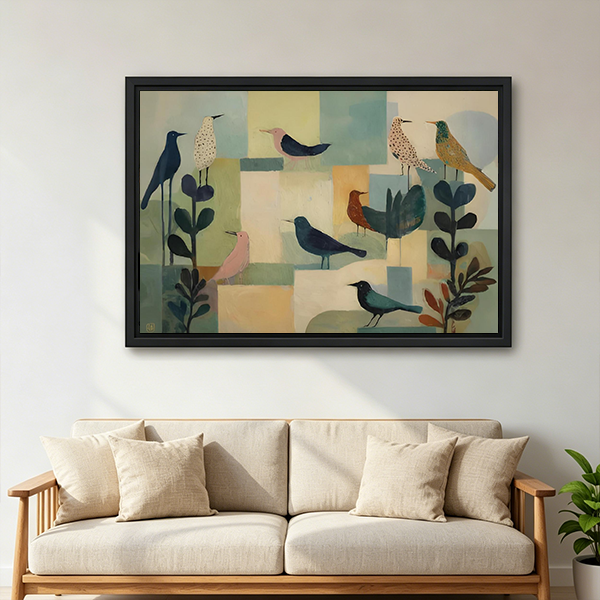 Abstract bird canvas wall art displayed in a black frame above a neatly made bedroom.