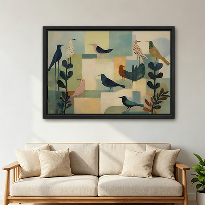 Abstract bird canvas wall art displayed in a black frame above a neatly made bedroom.