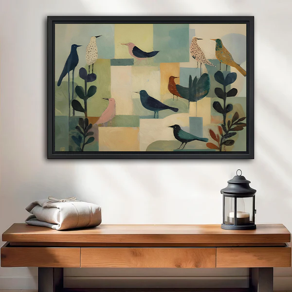 Abstract bird canvas wall art with geometric color blocks and botanical silhouettes above a wooden console.