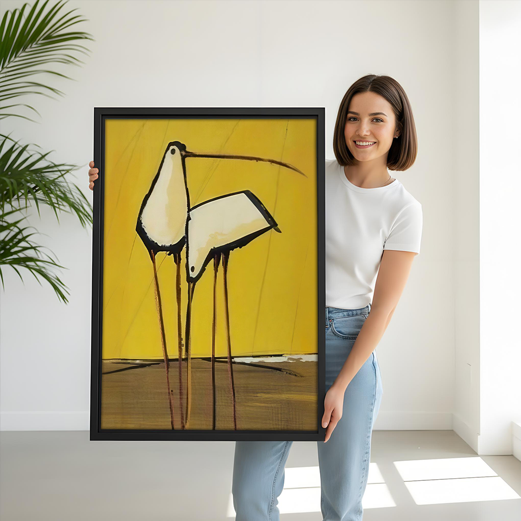 Framed abstract birds canvas wall art with elongated legs and yellow tones beside wooden bunk beds.