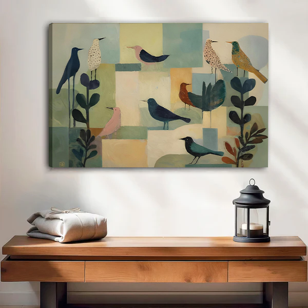 Framed abstract bird canvas wall art held by a smiling woman in a bright modern room.