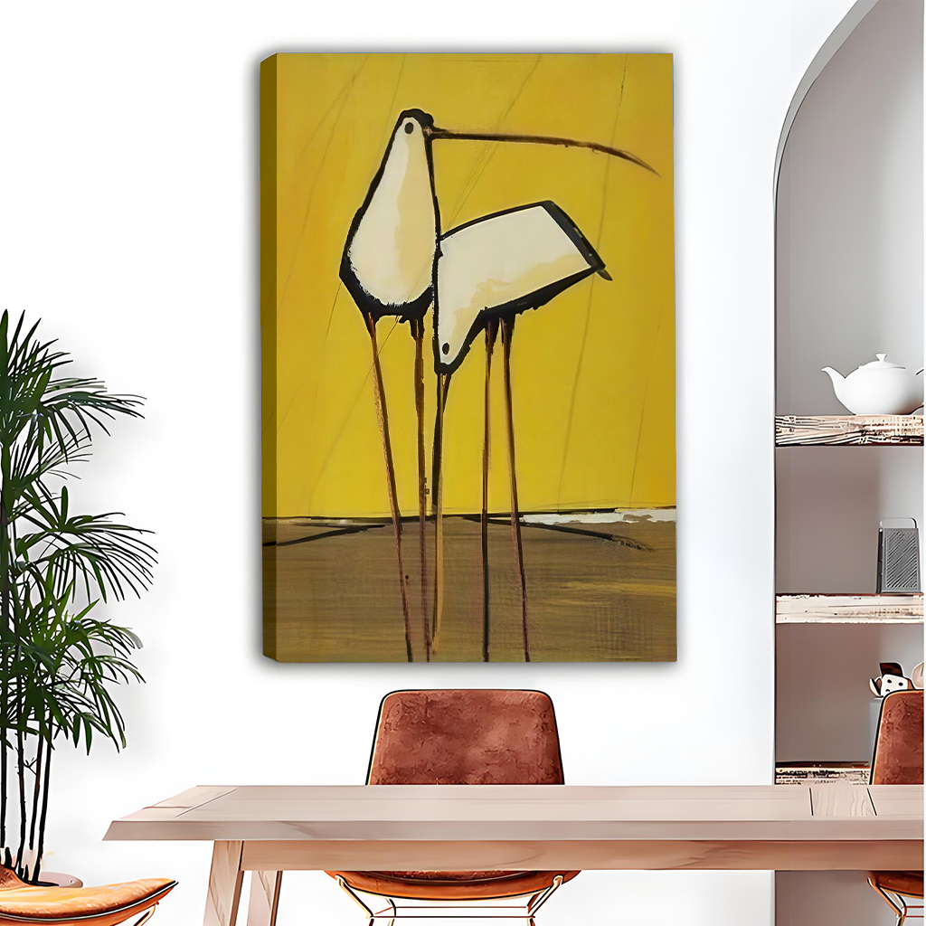 Unframed abstract birds canvas wall art featuring two cream long-legged birds above a dining table beside arched shelves.