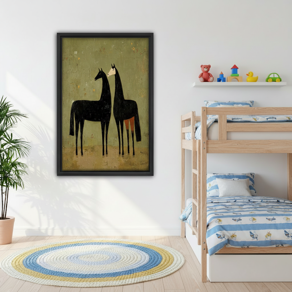 Black horse pair framed canvas print on a white wall in a children's bedroom with bunk bed and colorful toys