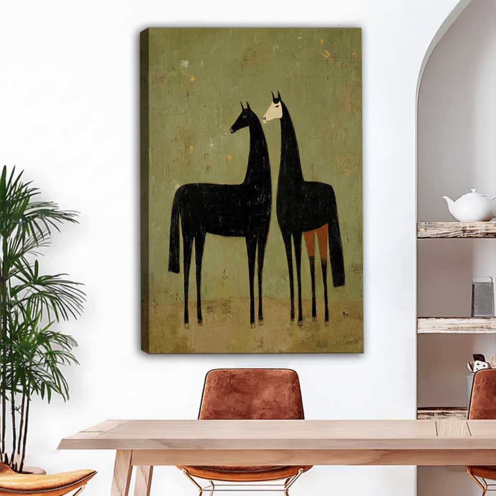 Mid-century modern black horse pair framed canvas print hanging in a bright dining room with arched doorway