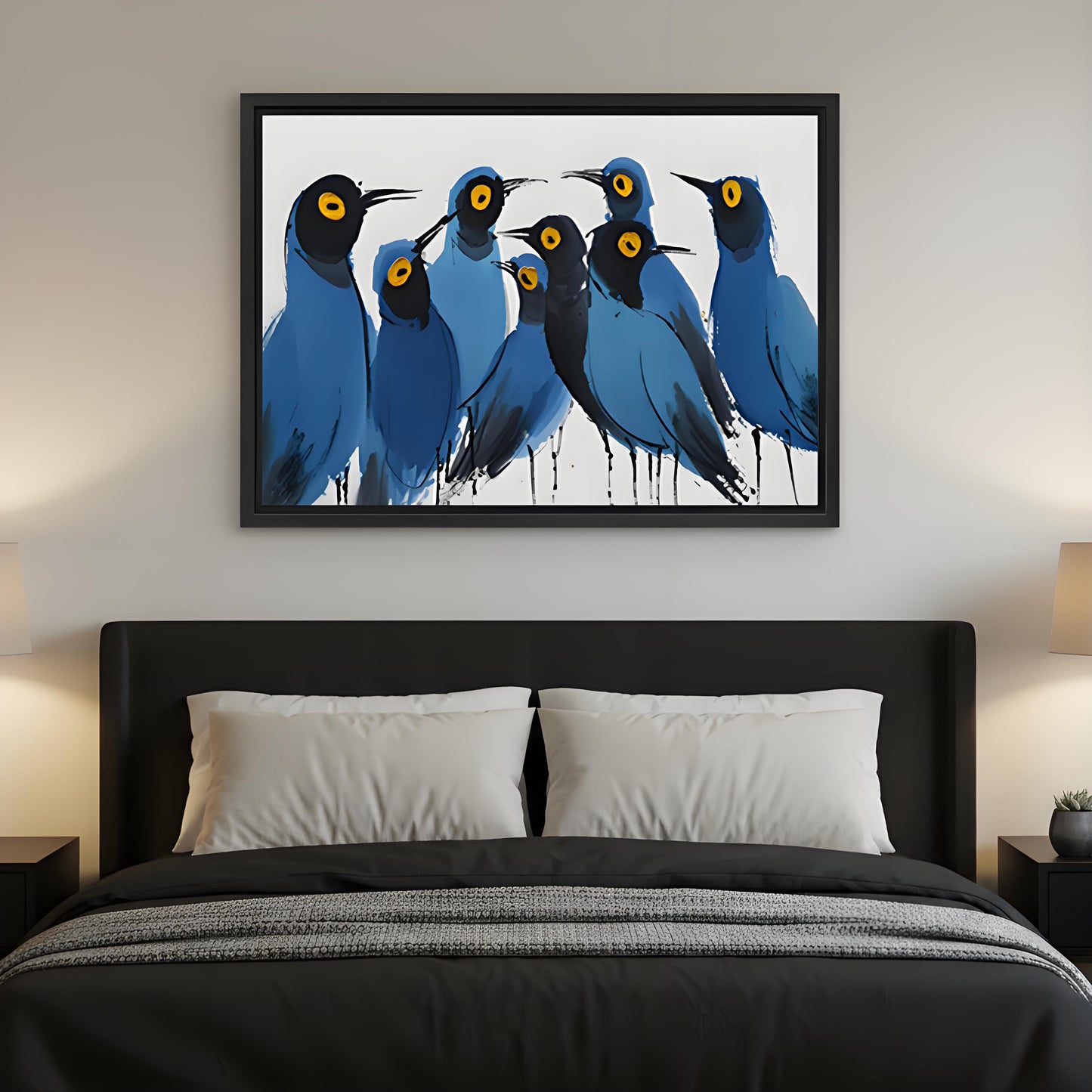 Bold abstract blue bird flock canvas print with black frame above bed – striking modern bedroom wall art