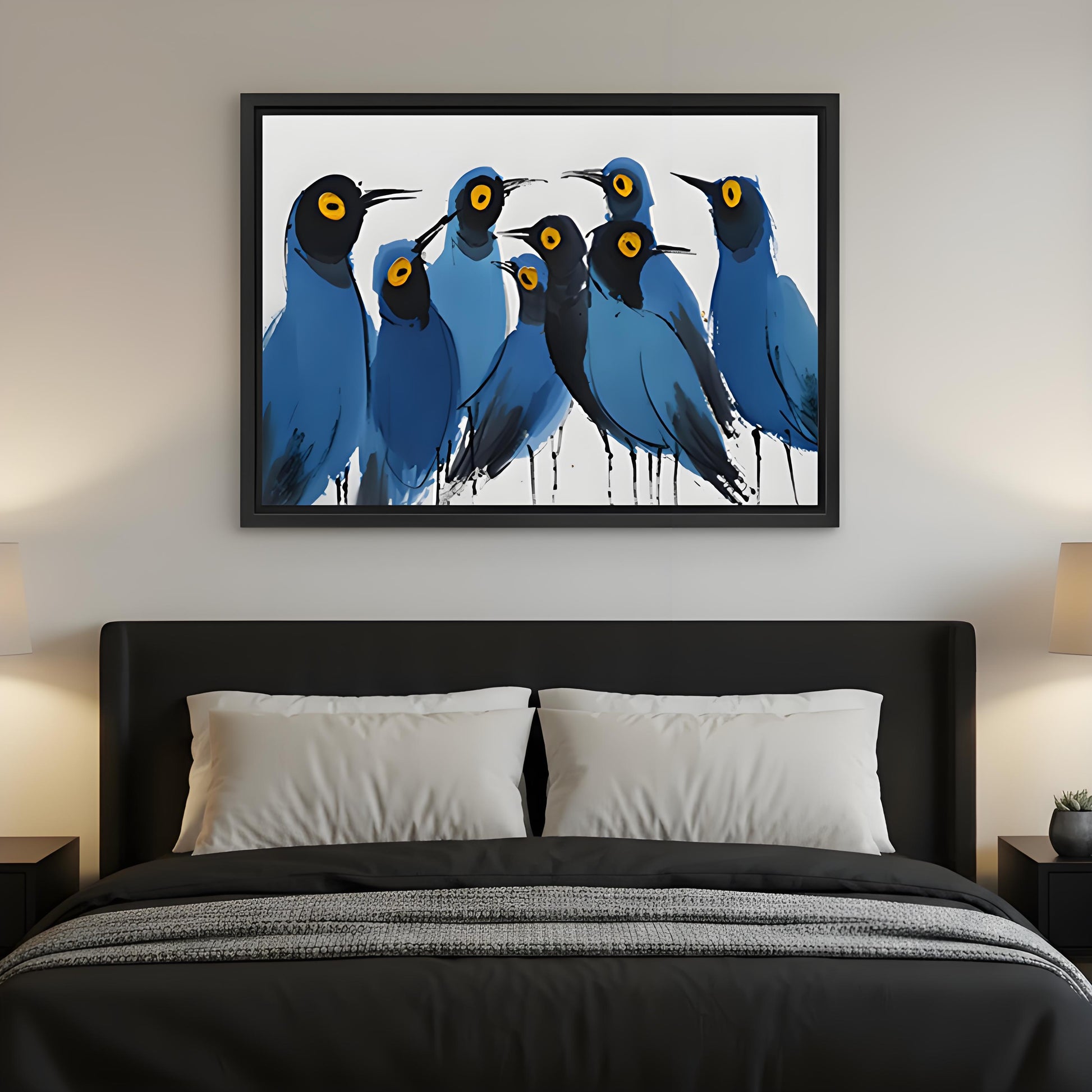Bold abstract blue bird flock canvas print with black frame above bed – striking modern bedroom wall art