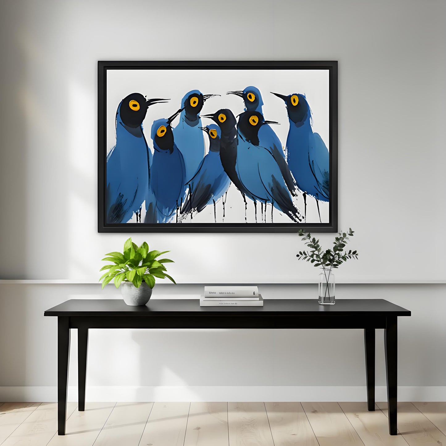 Abstract blue birds canvas wall art in black frame styled in modern hallway – bold flock bird print by Liberty Signs