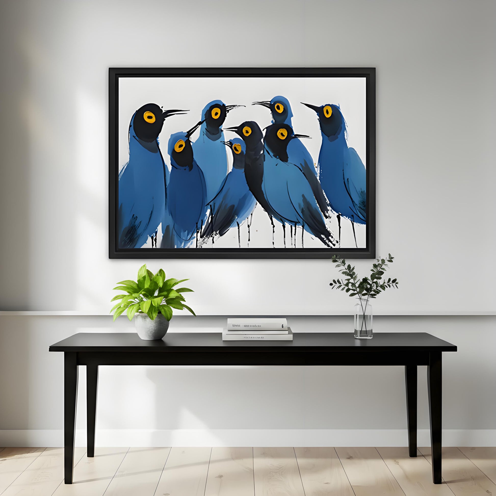 Abstract blue birds canvas wall art in black frame styled in modern hallway – bold flock bird print by Liberty Signs