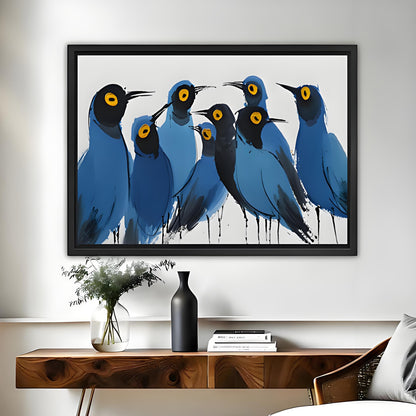 Abstract blue birds flock canvas wall art in black frame displayed above living room console – bold modern bird print