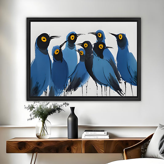 Abstract blue birds flock canvas wall art in black frame displayed above living room console – bold modern bird print