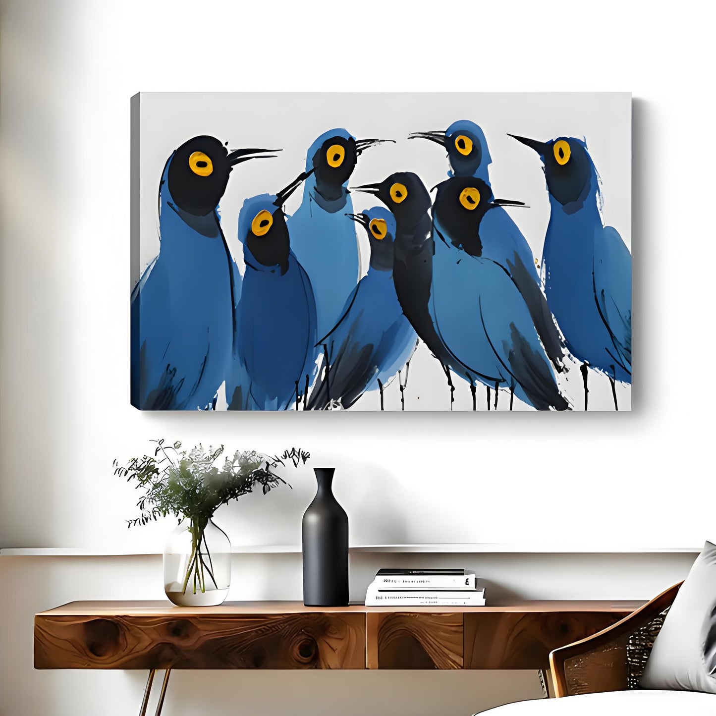 Abstract blue bird flock canvas wall art unframed version displayed in living room – modern gallery wrap print