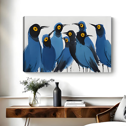 Abstract blue bird flock canvas wall art unframed version displayed in living room – modern gallery wrap print