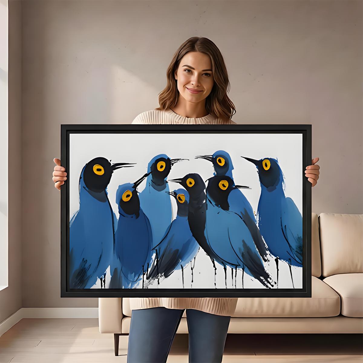 Woman holding abstract blue birds flock canvas wall art – bold modern bird print size reference