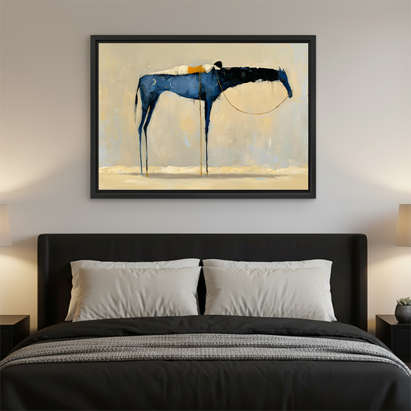 Abstract blue horse minimalist framed art print with gold accents displayed as bedroom wall decor above a dark upholstered bed with warm lighting