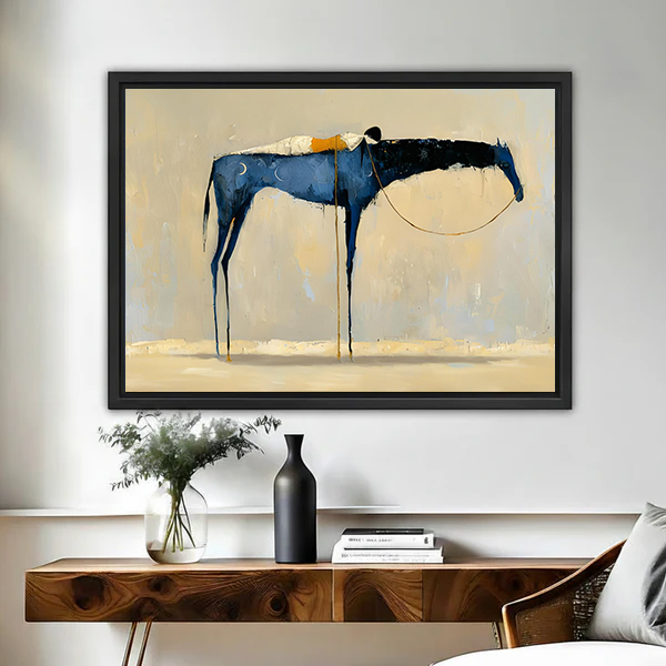 Abstract blue horse minimalist framed wall art with drip paint texture and gold accents on beige background, hung above a wooden console table