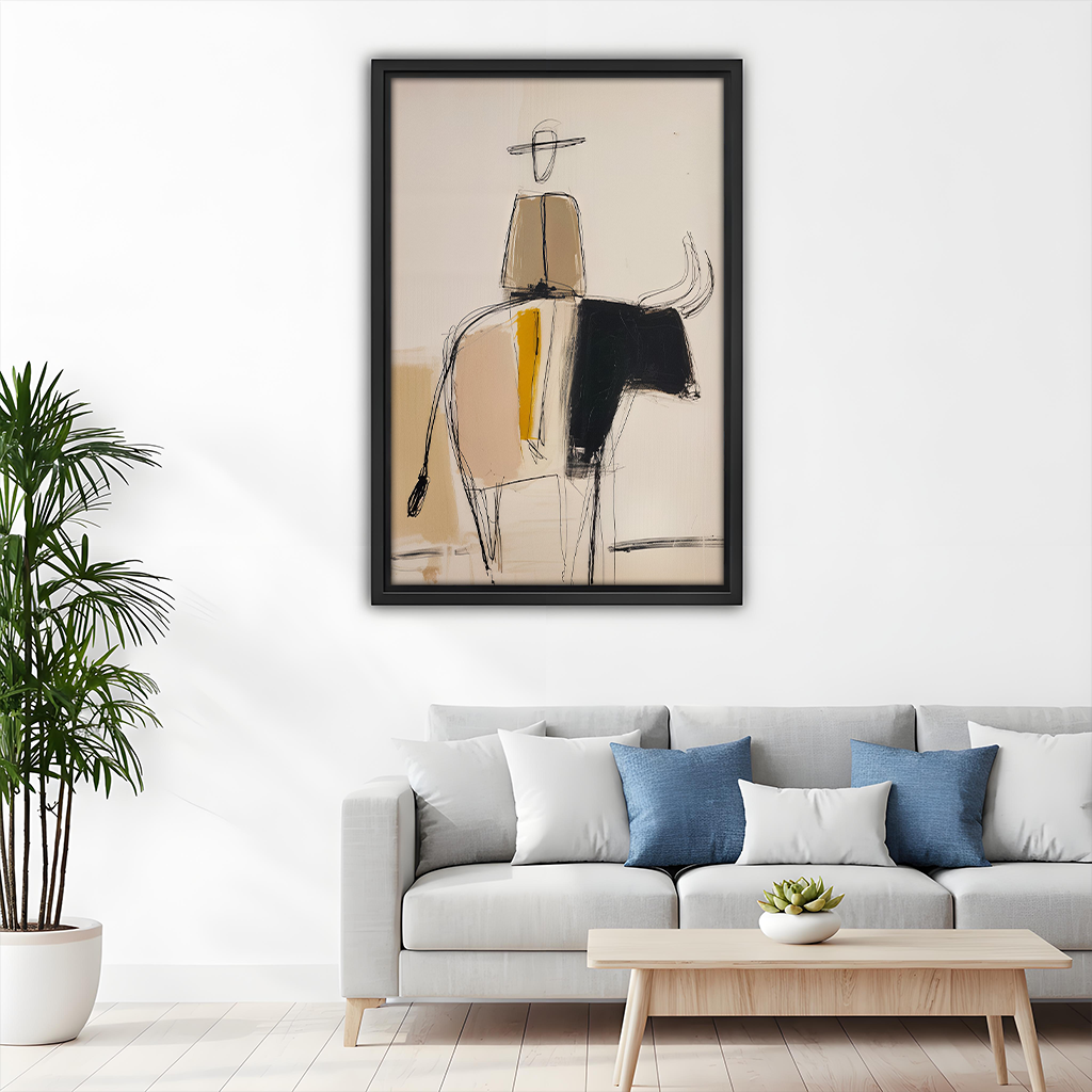 Black-framed abstract bull rider canvas wall art with minimalist sketch details displayed beside wooden bunk beds.
