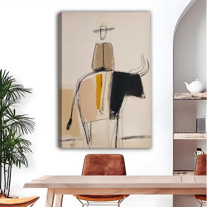 Framed abstract bull rider canvas wall art featuring loose black sketch lines displayed above a wooden dining table.