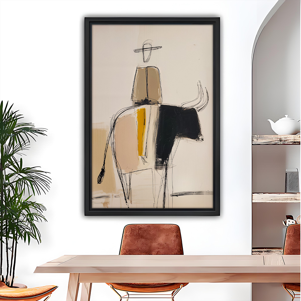 Black-framed abstract bull rider canvas wall art with beige tones and a yellow accent displayed above a gray sofa.