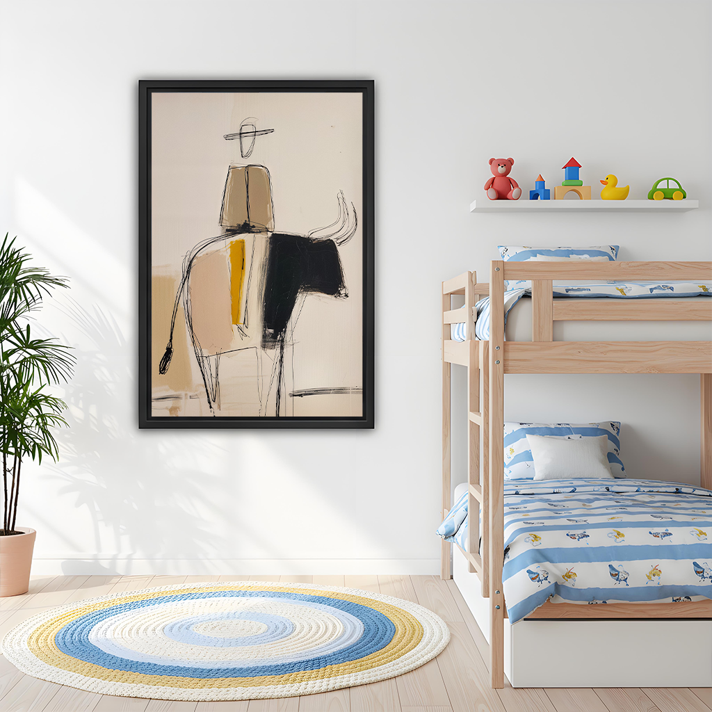 Gallery-wrap abstract bull rider canvas wall art with a black bull and mustard-yellow accent above a dining table.