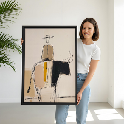 Woman holding black-framed abstract bull rider canvas wall art showing a hat-wearing rider and horned bull on beige.