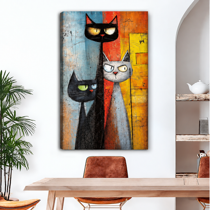Unframed abstract cat trio canvas wall art with visible wrapped edges hanging above a wooden dining table.