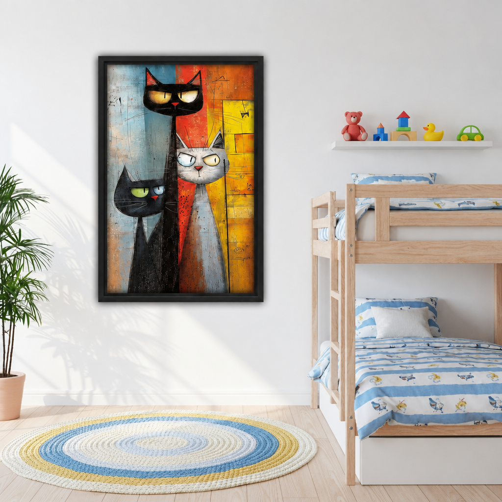 Black-framed abstract cat trio canvas wall art beside wooden bunk beds and a toy shelf in a children's bedroom.