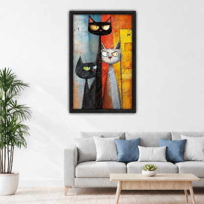 Abstract cat trio canvas wall art in a black frame above a light sofa with blue pillows.