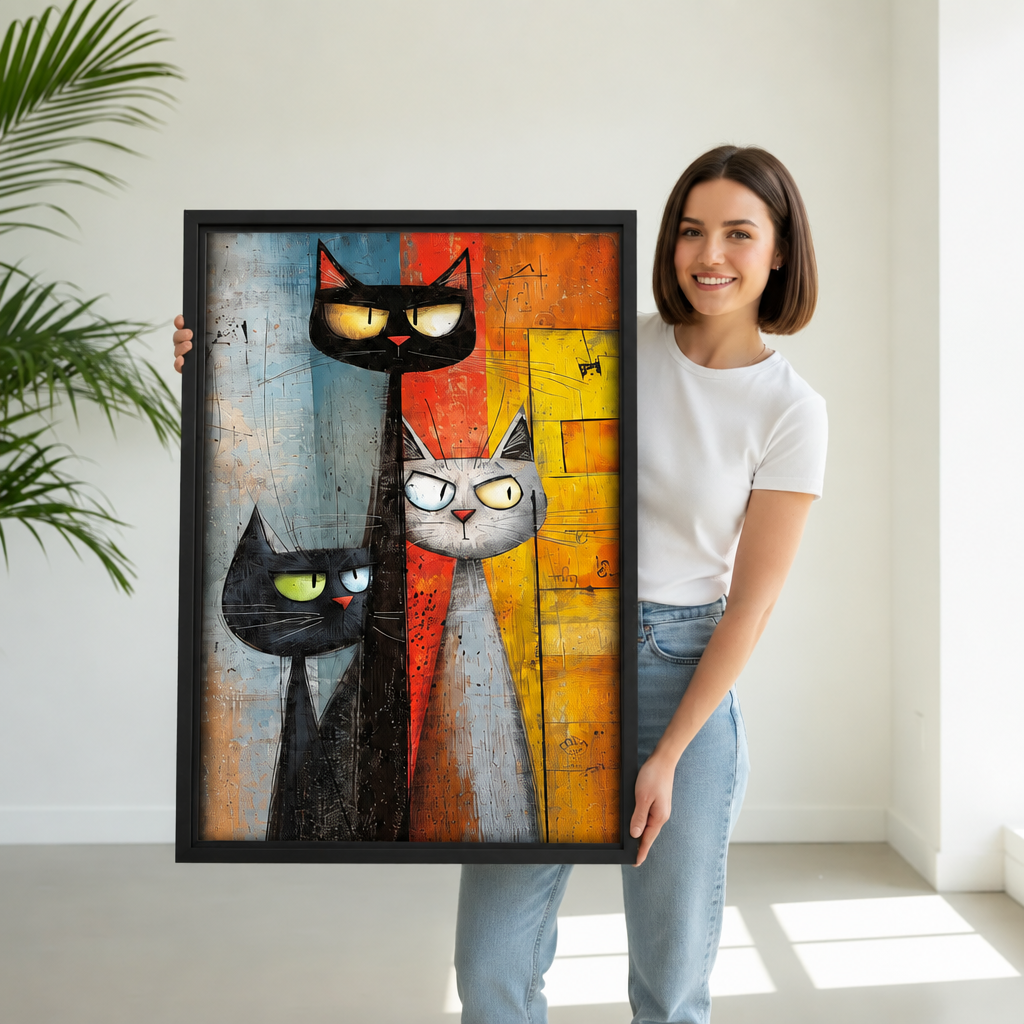 Woman holding black-framed abstract cat trio canvas wall art featuring two black cats and one gray cat.