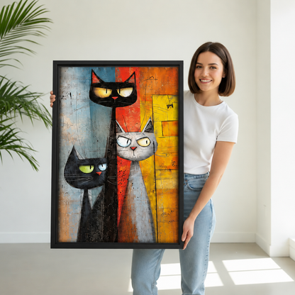 Woman holding black-framed abstract cat trio canvas wall art featuring two black cats and one gray cat.