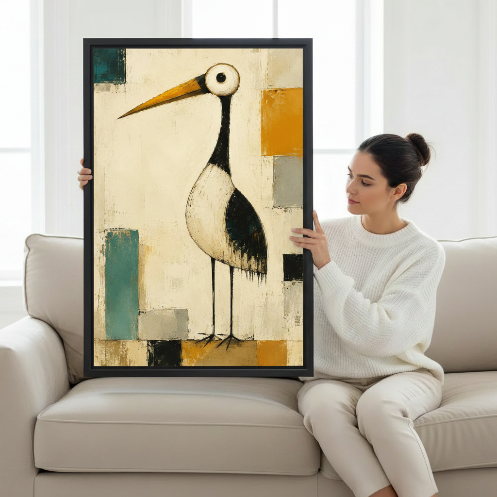 Woman holding abstract crane geometric framed canvas print for wall decor display