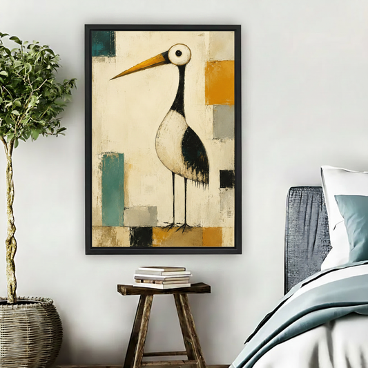 Abstract crane bird geometric framed canvas wall art hanging in cozy bedroom