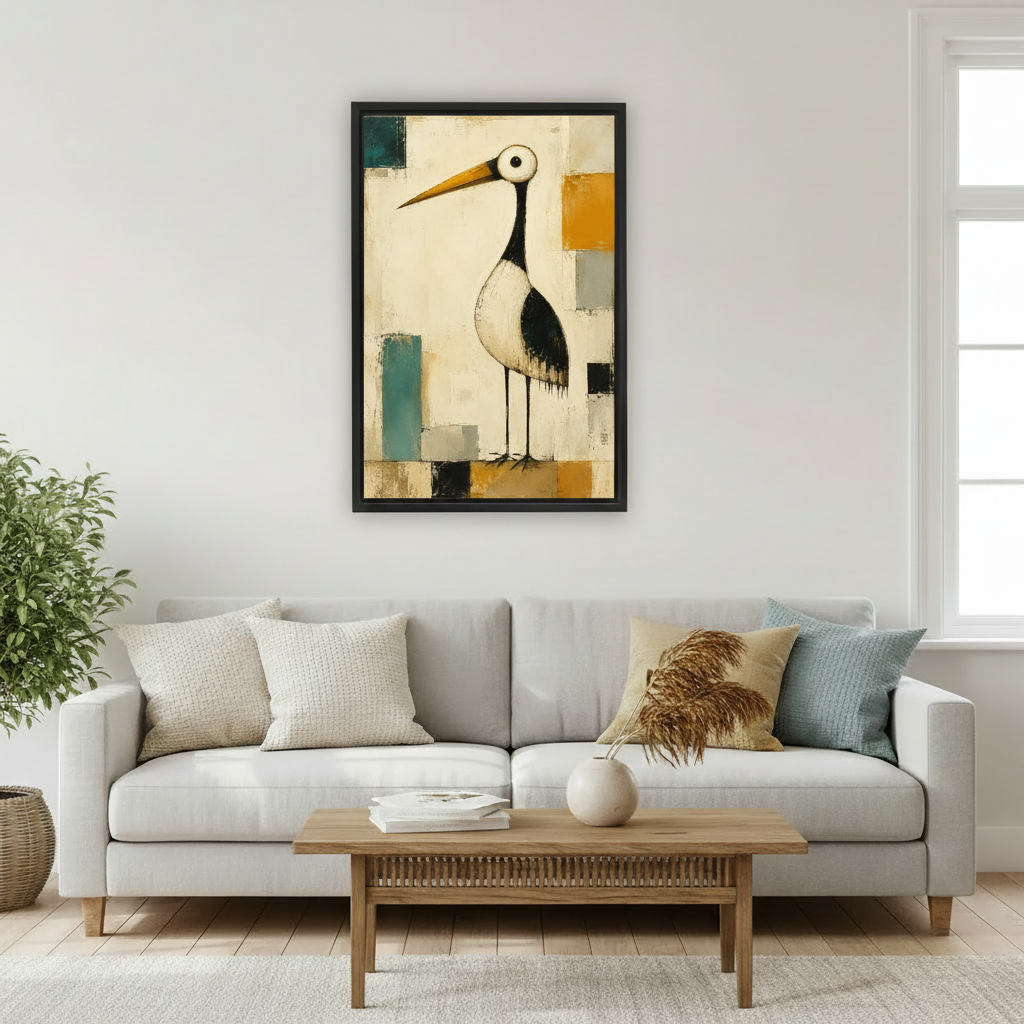 Abstract crane oil painting framed canvas print displayed above living room sofa