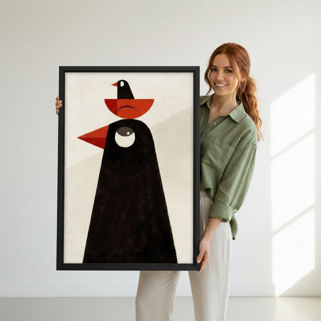 Woman holding a large black-framed abstract crow art print featuring bold geometric red and black bird shapes on a cream background